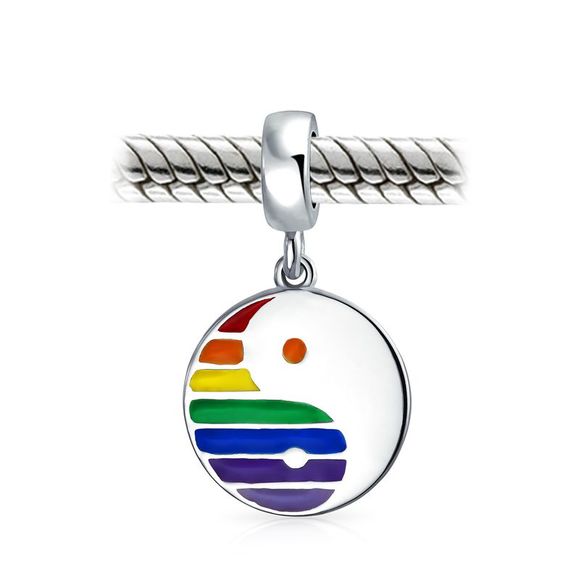 Circle LGBTQ Rainbow Gay Pride Rights Ying Yang Dangle Charm Bead - Silver - Picture 2 of 5